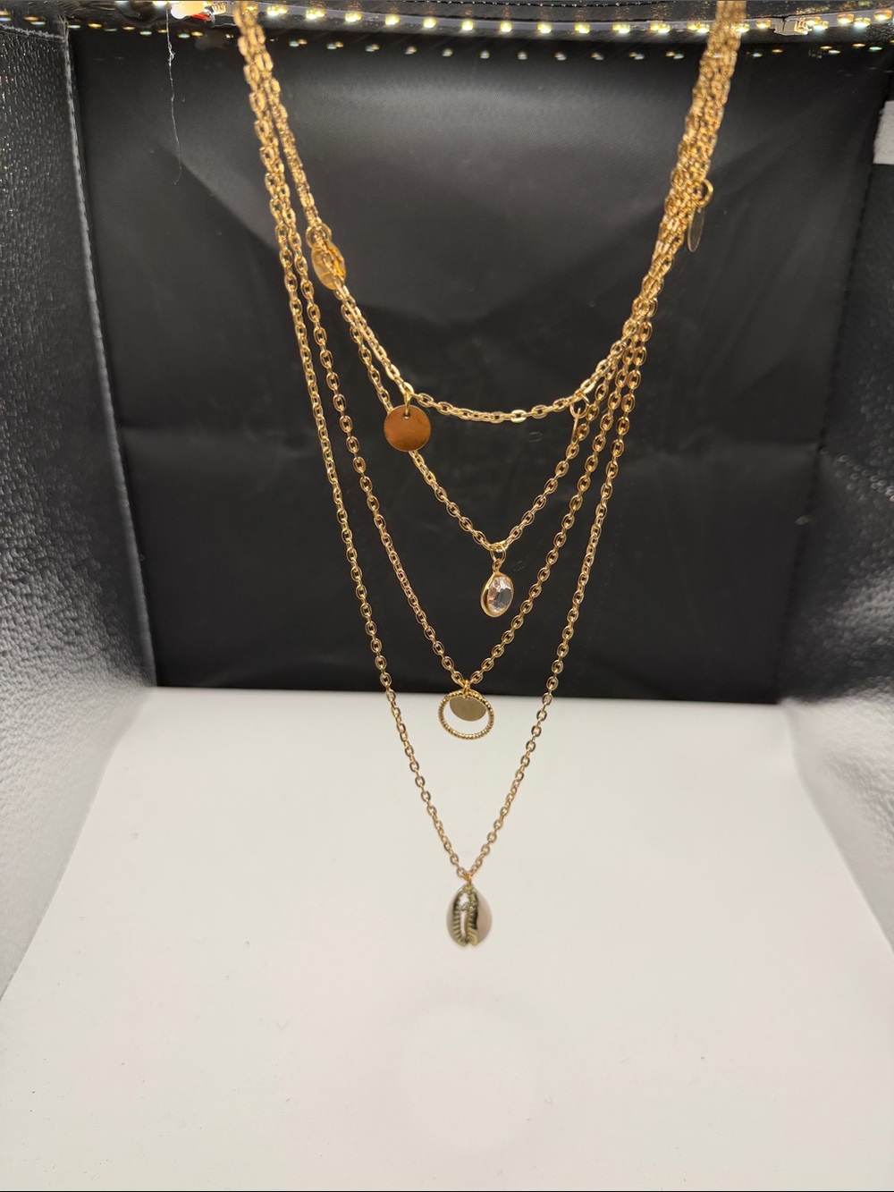 Layered Gold Tone Women’s Necklace with Shell and Crystal Accents
